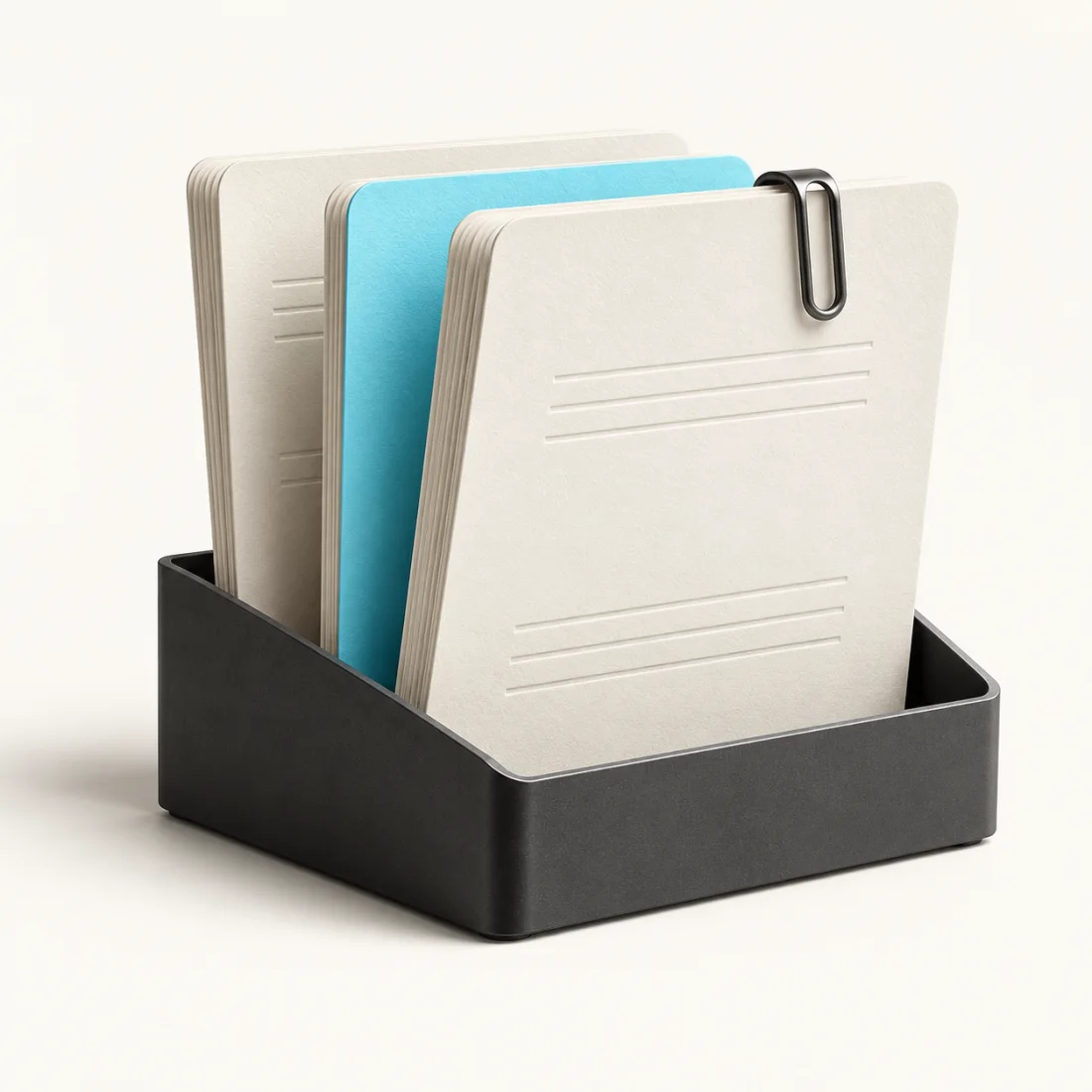 Paper folios with a cyan divider, held in a graphite archive tray.